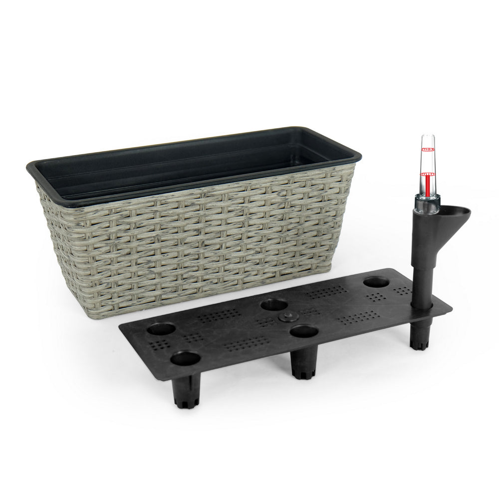 Benjara Wiki Inch Self Watering Planter Set of 2, Hand Woven Rattan Wicker, Gray