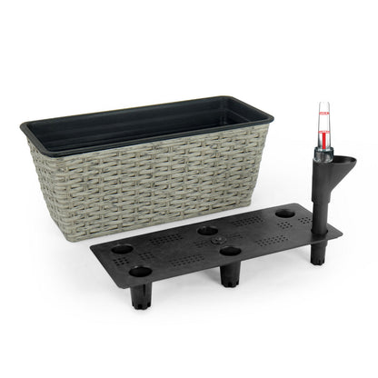 Benjara Wiki Inch Self Watering Planter Set of 2, Hand Woven Rattan Wicker, Gray
