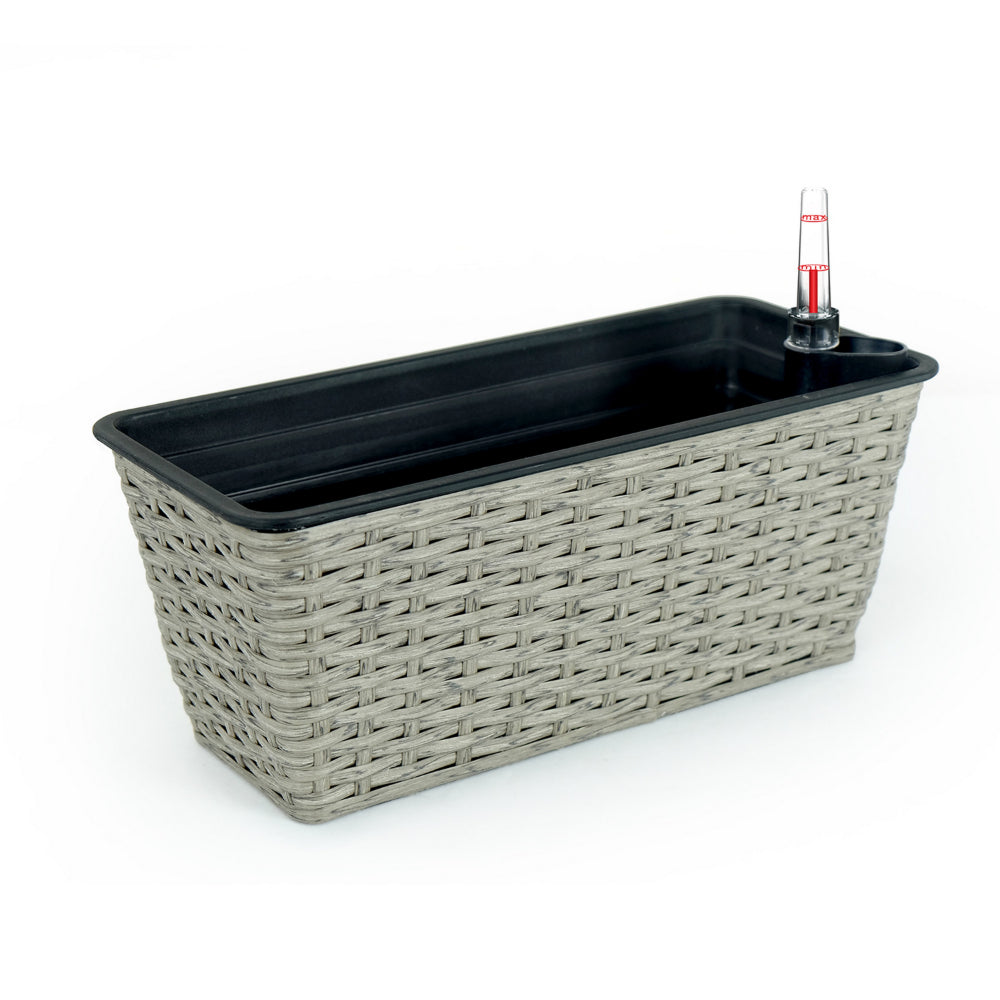 Benjara Wiki Inch Self Watering Planter Set of 2, Hand Woven Rattan Wicker, Gray