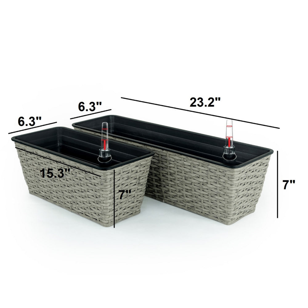 Benjara Wiki Inch Self Watering Planter Set of 2, Hand Woven Rattan Wicker, Gray
