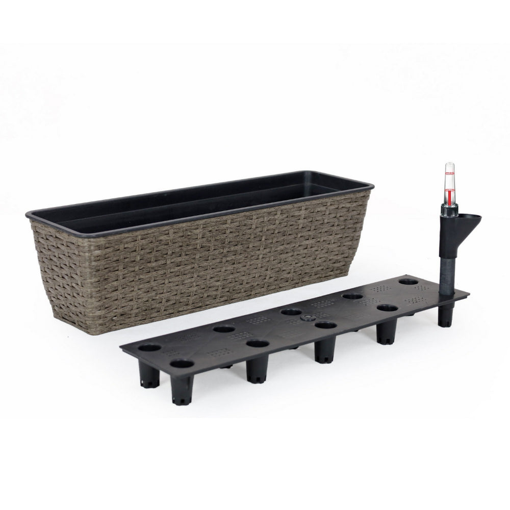 Benjara Wiki Self Watering Planter Set of 2, Hand Woven Rattan, Dark Gray Finish