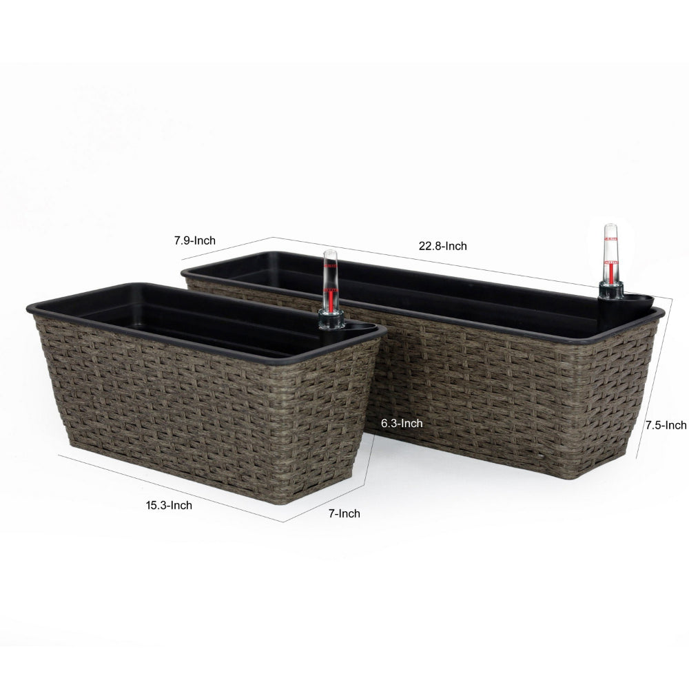 Benjara Wiki Self Watering Planter Set of 2, Hand Woven Rattan, Dark Gray Finish
