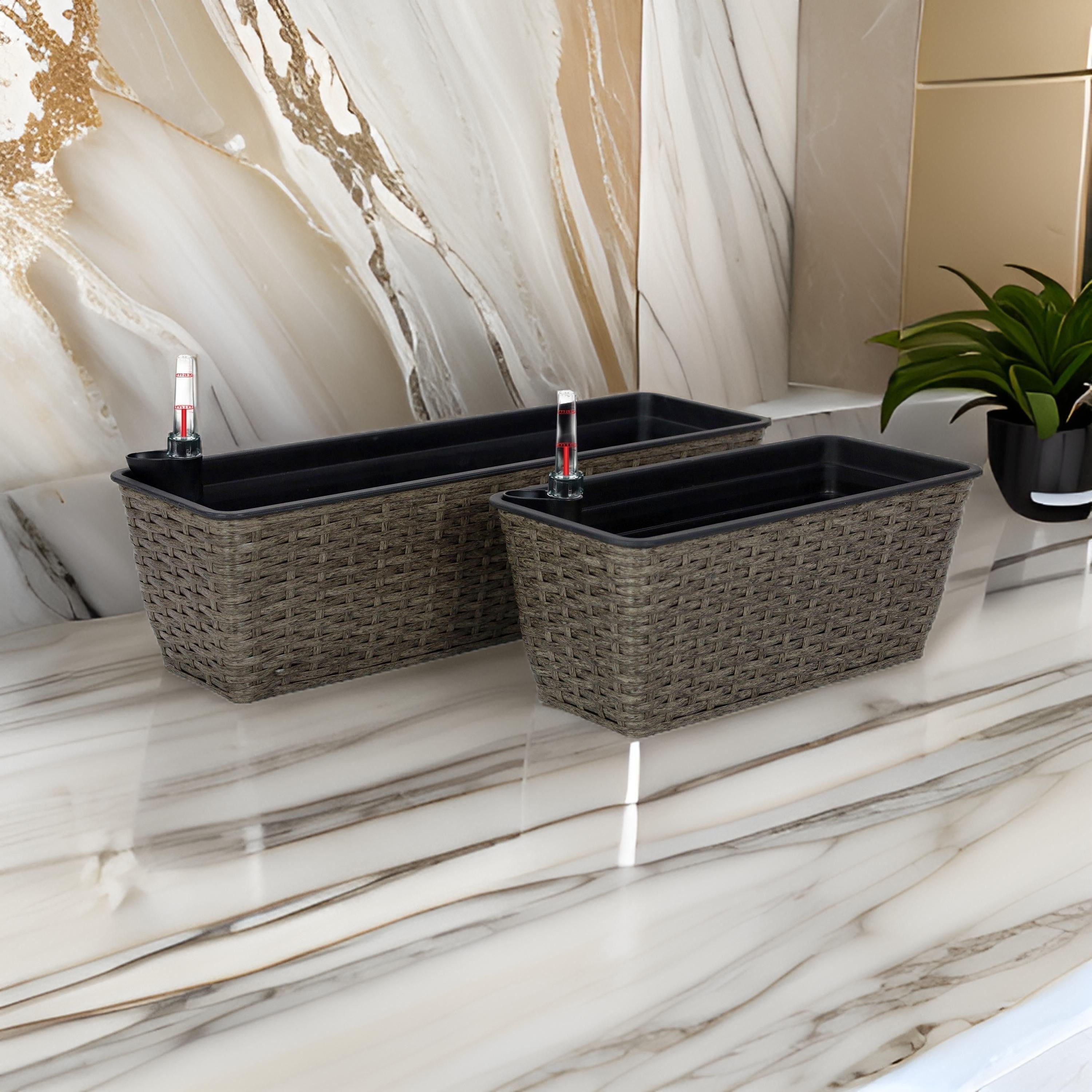Benjara Wiki Self Watering Planter Set of 2, Hand Woven Rattan, Dark Gray Finish