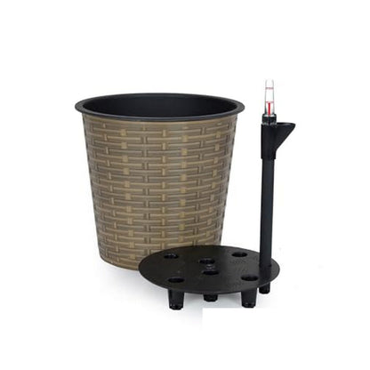 Benjara Hema 13 Inch Self Watering Planter, Hand Woven Rattan Wicker, Brown Finish
