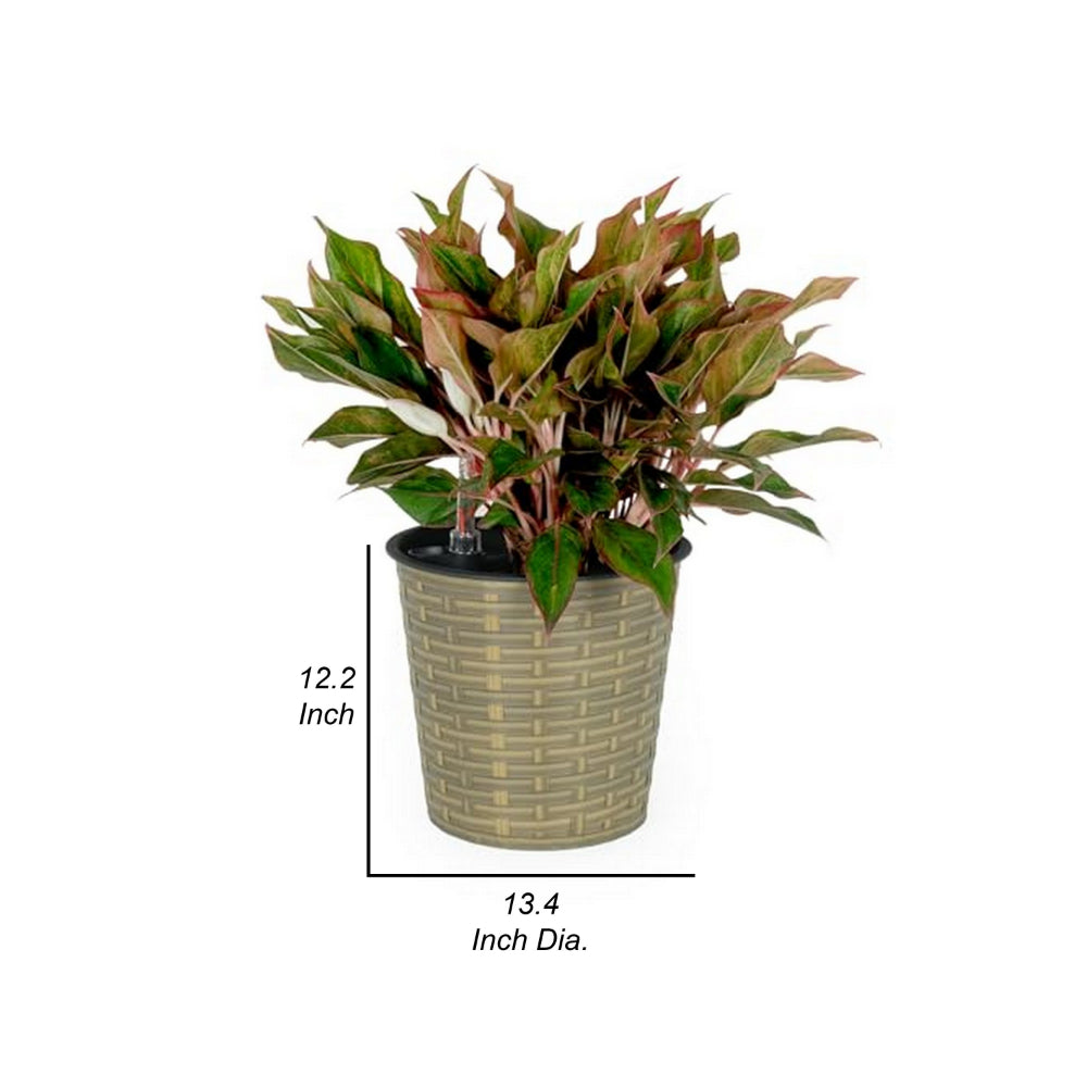 Benjara Hema 13 Inch Self Watering Planter, Hand Woven Rattan Wicker, Brown Finish