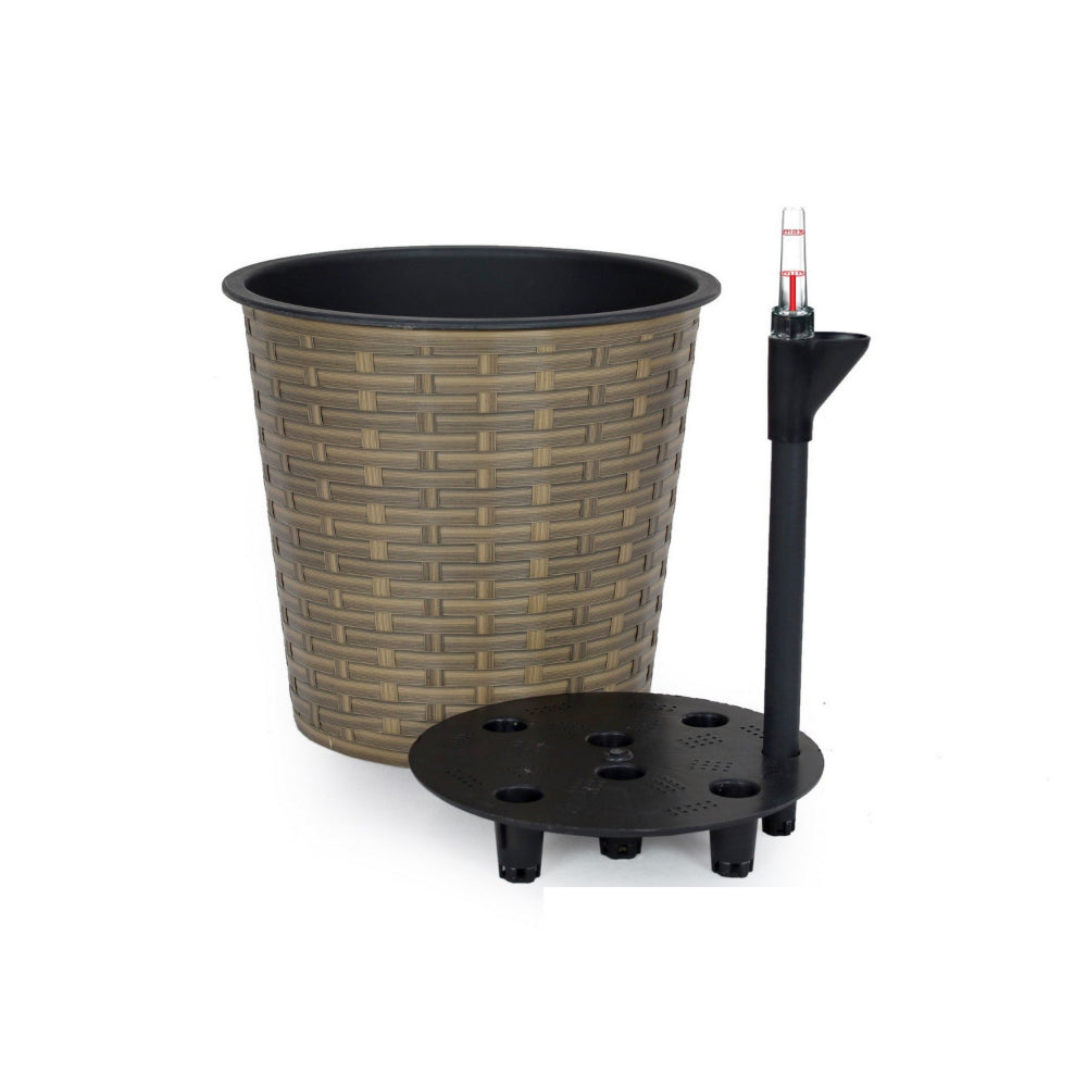 Benjara Hema 10 Inch Self Watering Planter, Wicker, Hand Woven Rattan, Brown Finish