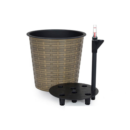 Benjara Hema 10 Inch Self Watering Planter, Wicker, Hand Woven Rattan, Brown Finish