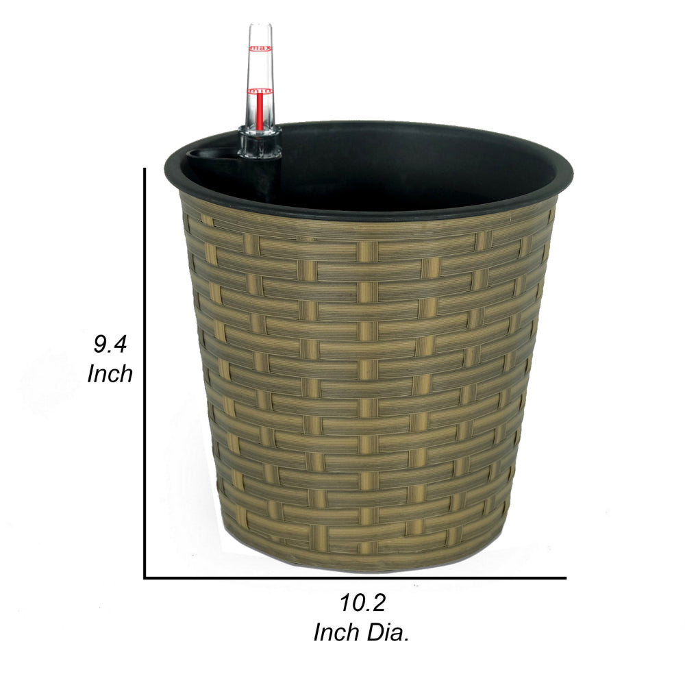 Benjara Hema 10 Inch Self Watering Planter, Wicker, Hand Woven Rattan, Brown Finish