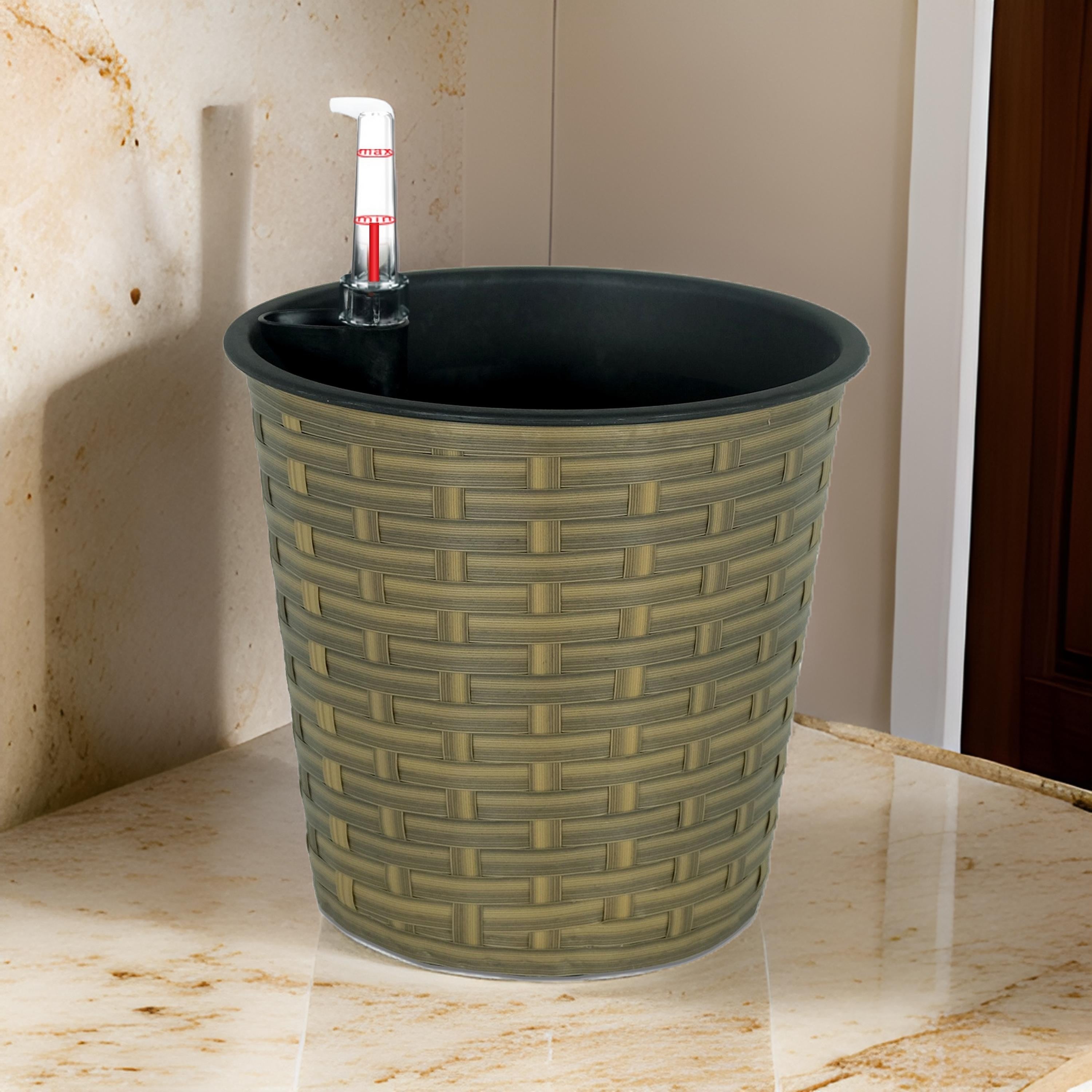 Benjara Hema 10 Inch Self Watering Planter, Wicker, Hand Woven Rattan, Brown Finish