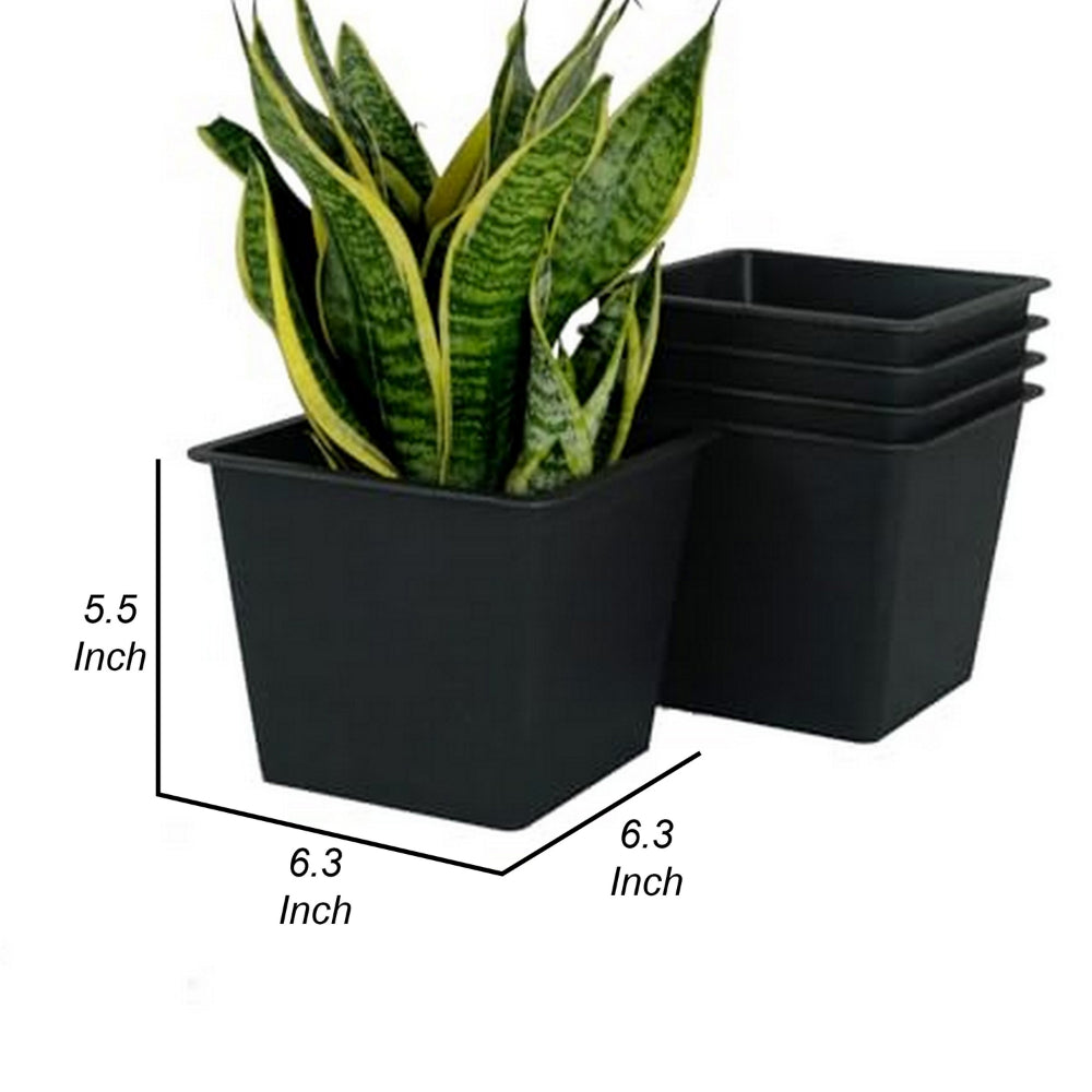 Benjara Kiti 6 Inch Set of 5 Square Nursery Planter Pots with Drainage, Black