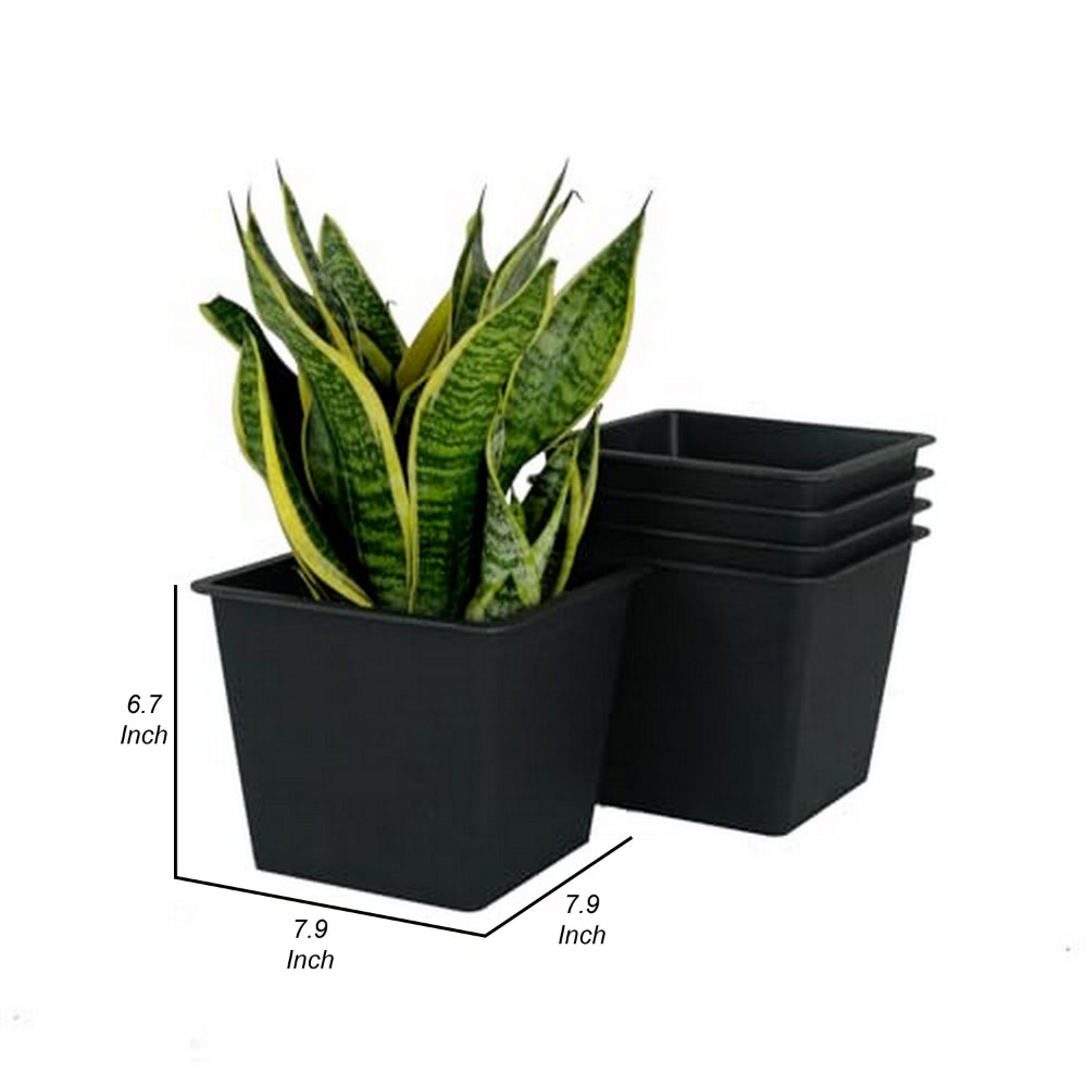 Benjara Kiti 8 Inch Set of 5 Square Nursery Planter Pots with Drainage, Black