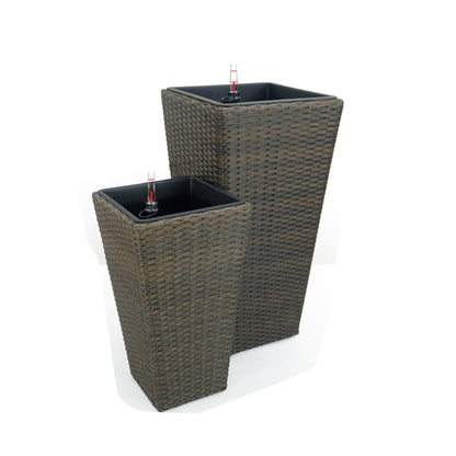 Benjara Aly Tall Self Watering Planter Set of 2, Hand Woven Wicker, Espresso Brown