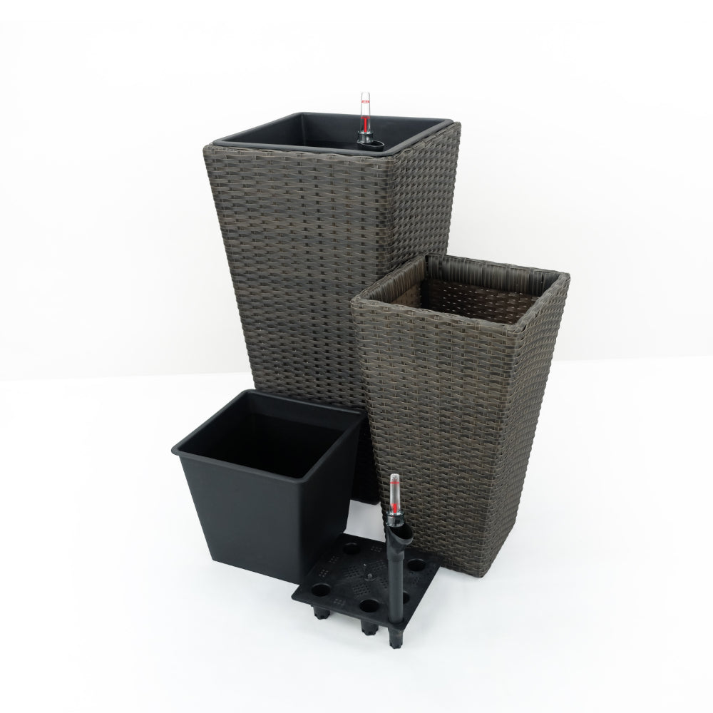 Benjara Aly Tall Self Watering Planter Set of 2, Hand Woven Wicker, Espresso Brown