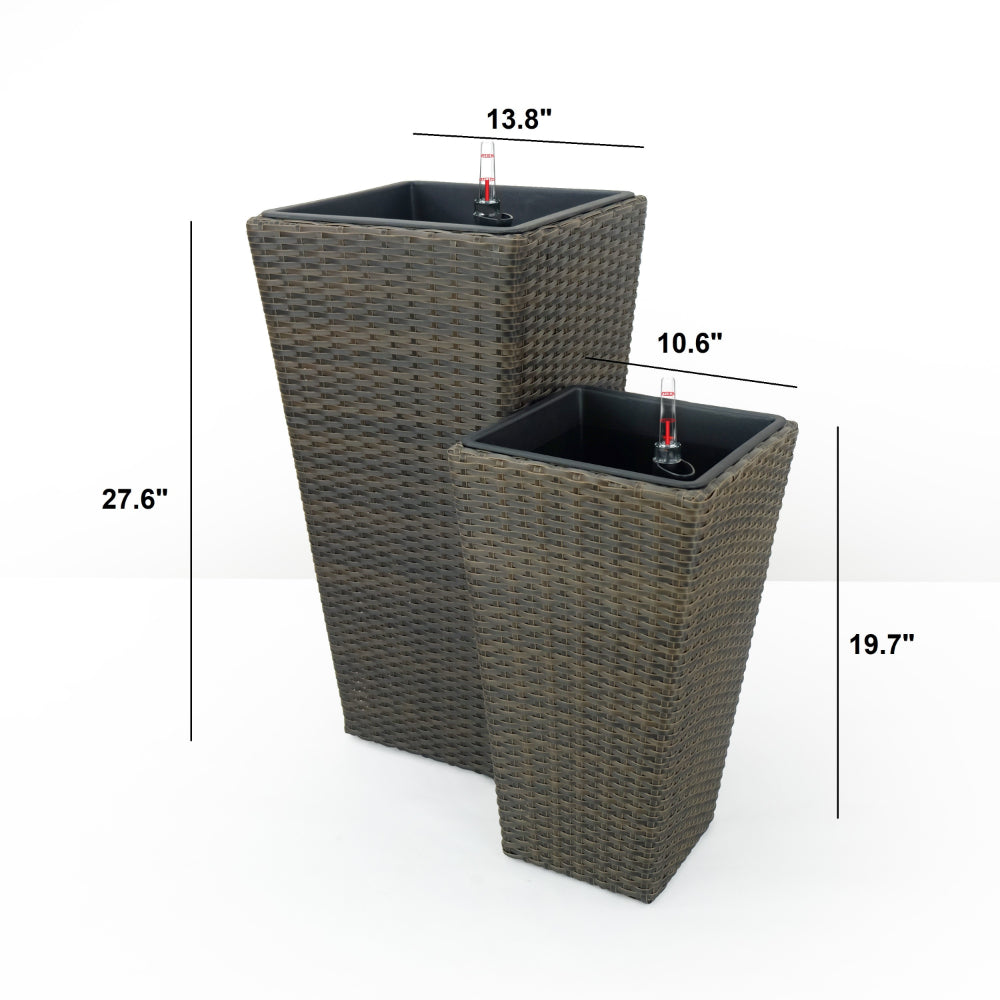 Benjara Aly Tall Self Watering Planter Set of 2, Hand Woven Wicker, Espresso Brown