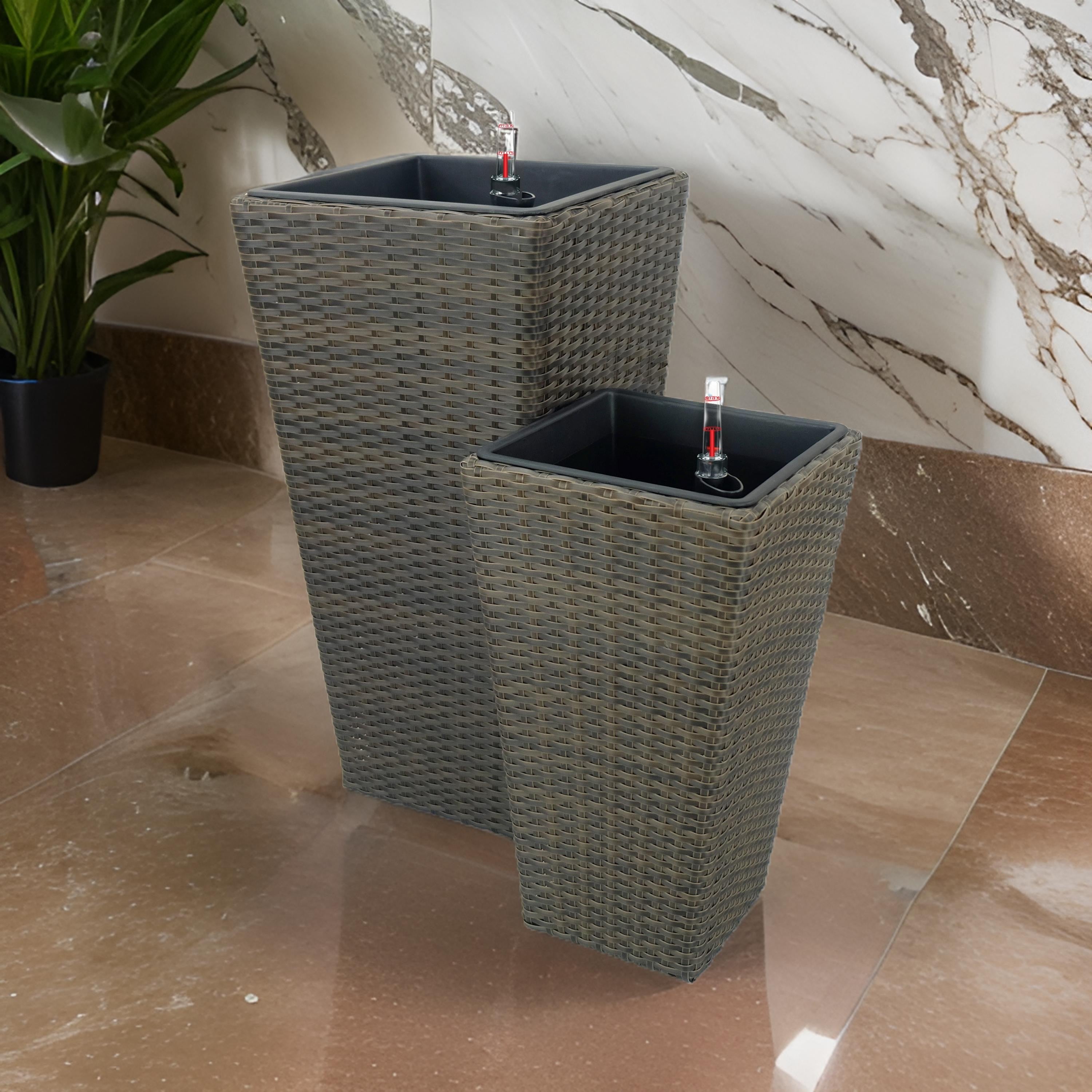 Benjara Aly Tall Self Watering Planter Set of 2, Hand Woven Wicker, Espresso Brown
