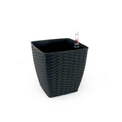 Benjara Aly Self Watering Planter Set of 2, Hand Woven Rattan, Espresso Brown
