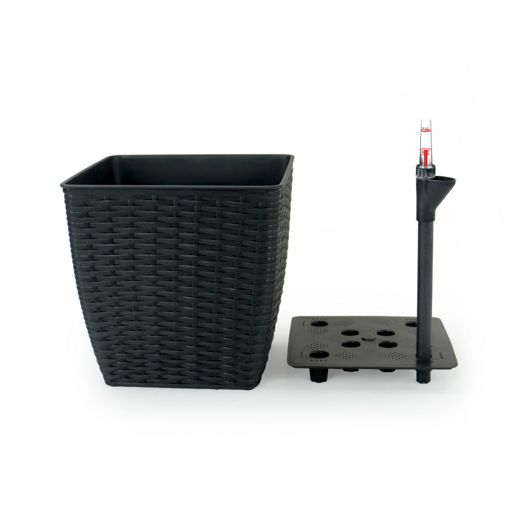 Benjara Aly Self Watering Planter Set of 2, Hand Woven Rattan, Espresso Brown