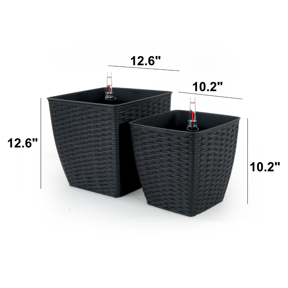 Benjara Aly Self Watering Planter Set of 2, Hand Woven Rattan, Espresso Brown