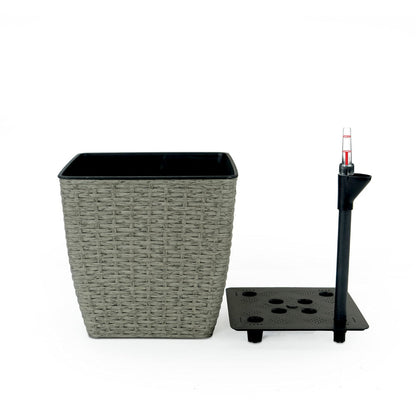 Benjara Aly Self Watering Planter Set of 2, Intricately Hand Woven Rattan, Gray