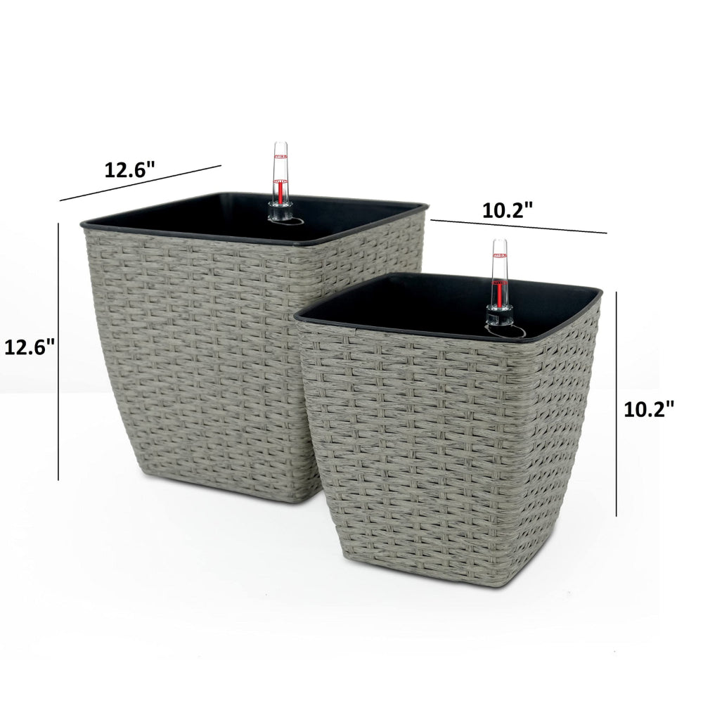 Benjara Aly Self Watering Planter Set of 2, Intricately Hand Woven Rattan, Gray