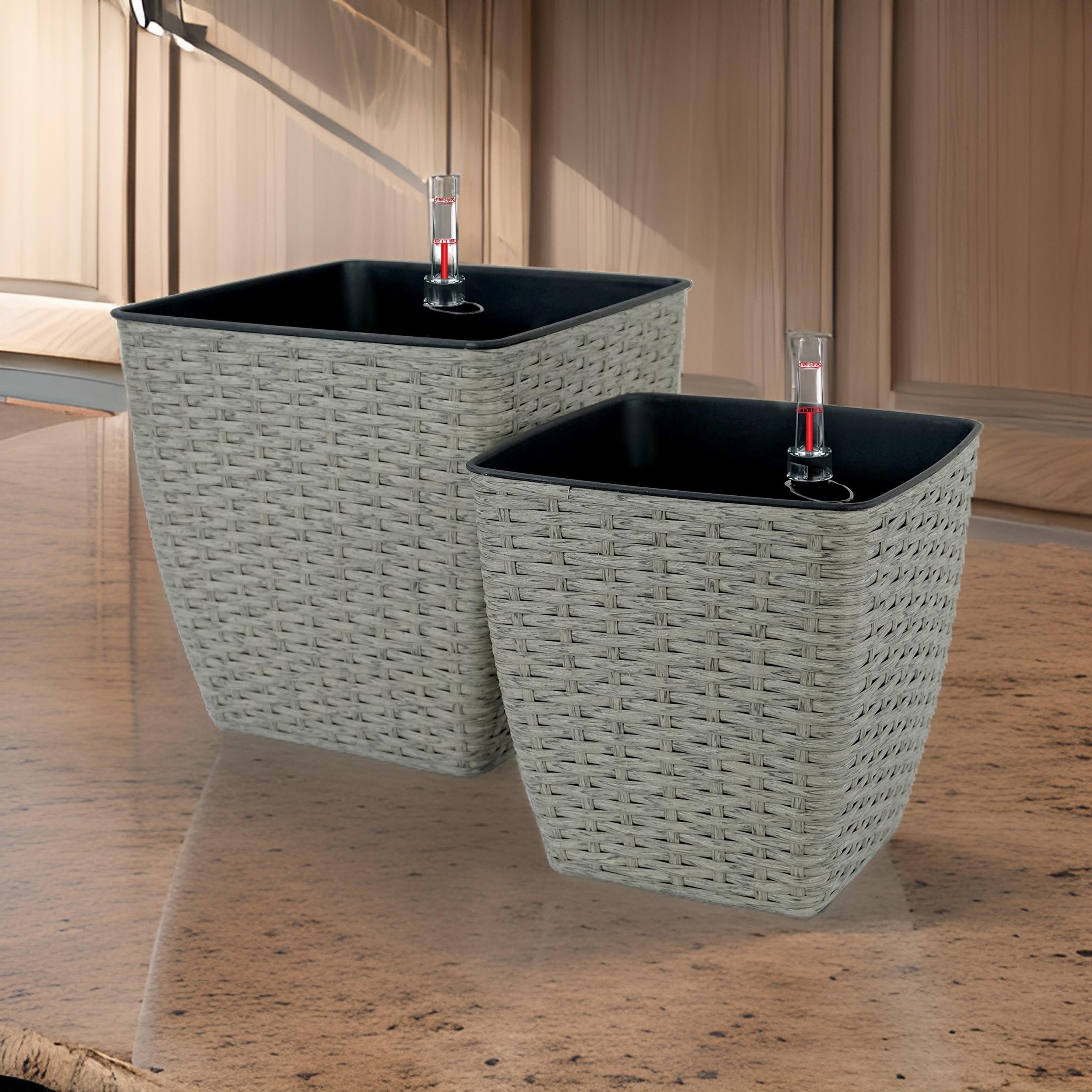 Benjara Aly Self Watering Planter Set of 2, Intricately Hand Woven Rattan, Gray
