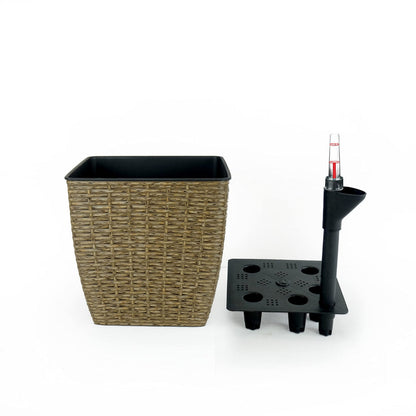 Benjara Aly Self Watering Planter Set of 2, Intricately Hand Woven Rattan, Brown