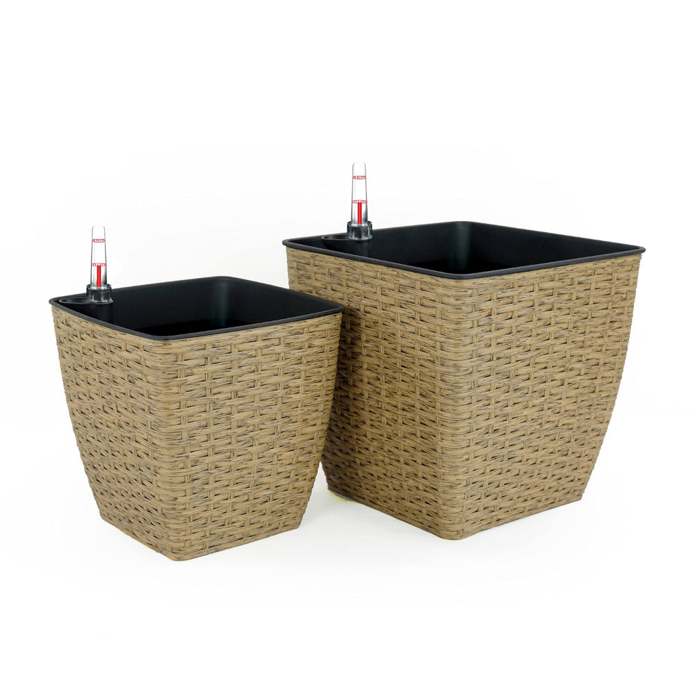 Benjara Aly Self Watering Planter Set of 2, Intricately Hand Woven Rattan, Brown