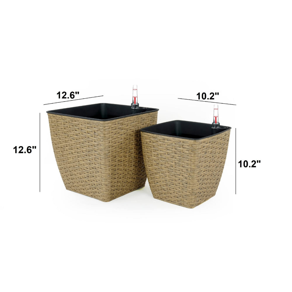 Benjara Aly Self Watering Planter Set of 2, Intricately Hand Woven Rattan, Brown