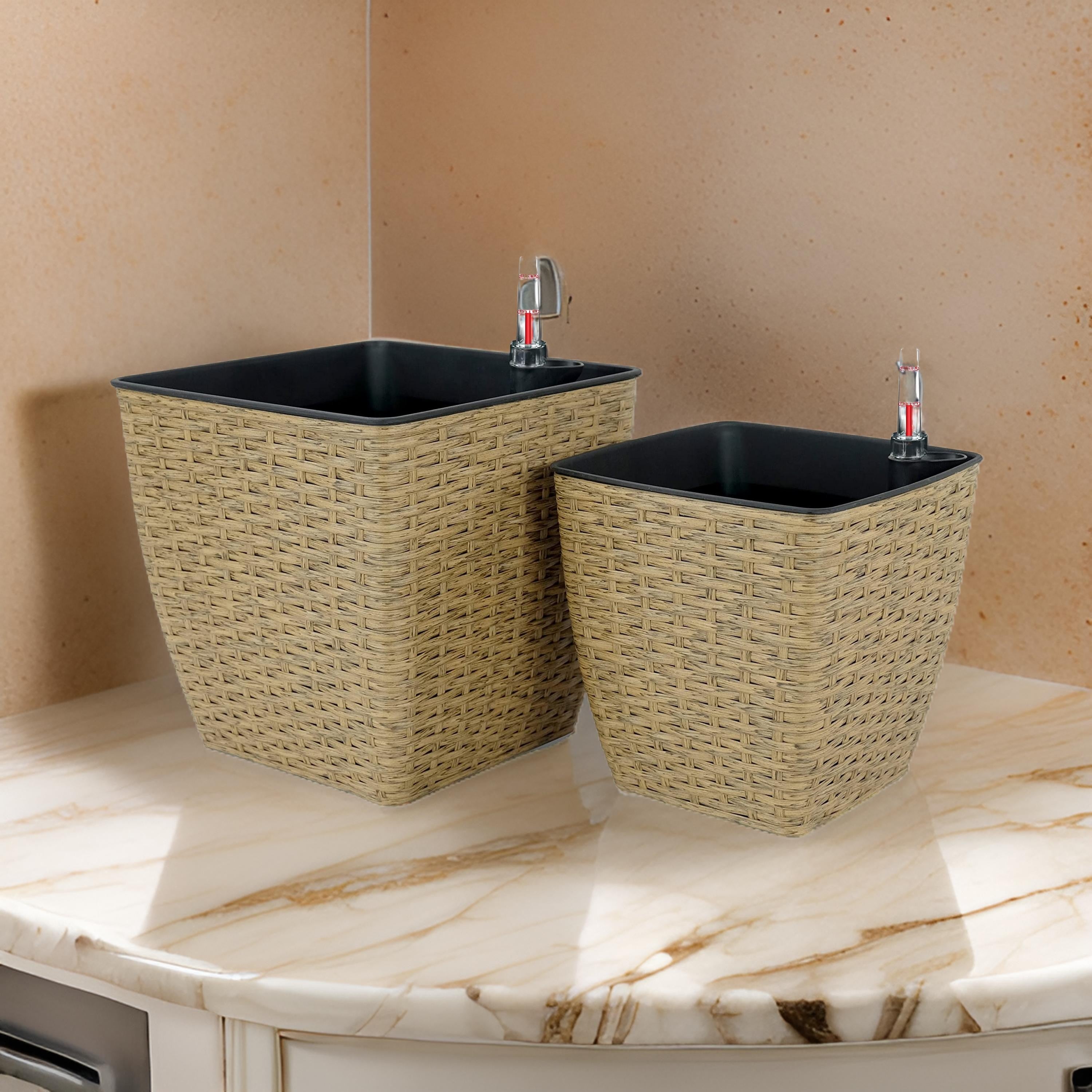 Benjara Aly Self Watering Planter Set of 2, Intricately Hand Woven Rattan, Brown