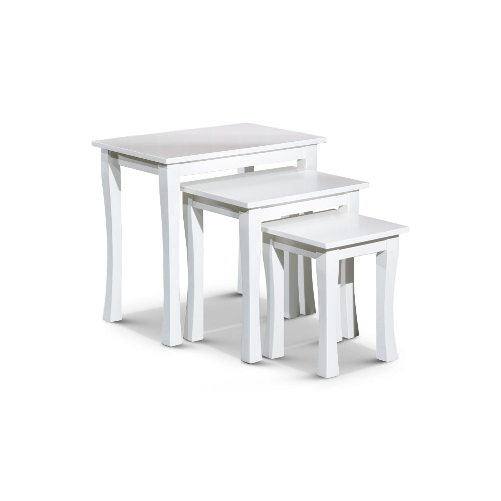 Benjara Yoni 3 Piece Nesting Side Table Set, Square, Flared Legs, White Wood Finish