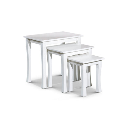 Benjara Yoni 3 Piece Nesting Side Table Set, Square, Flared Legs, White Wood Finish