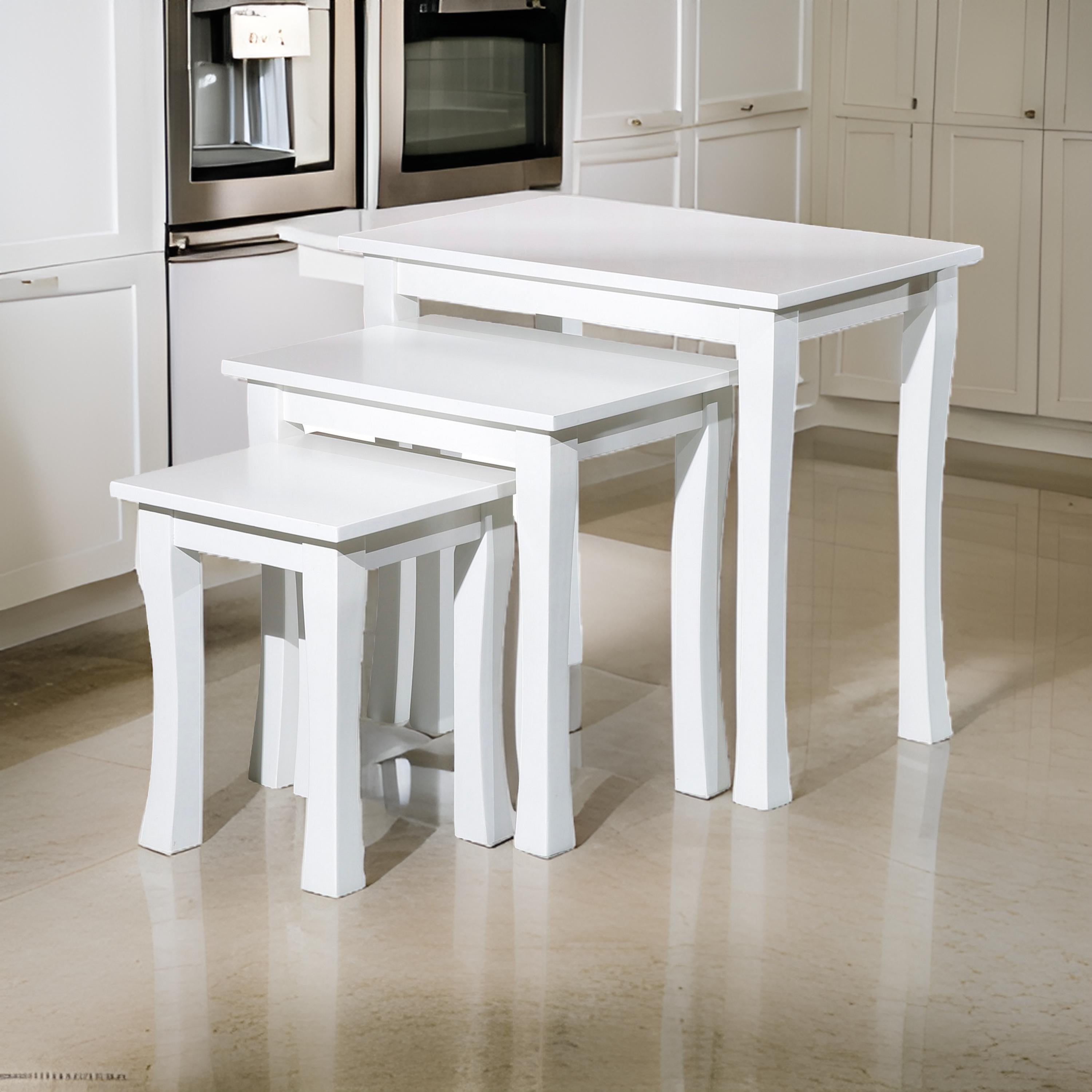 Benjara Yoni 3 Piece Nesting Side Table Set, Square, Flared Legs, White Wood Finish
