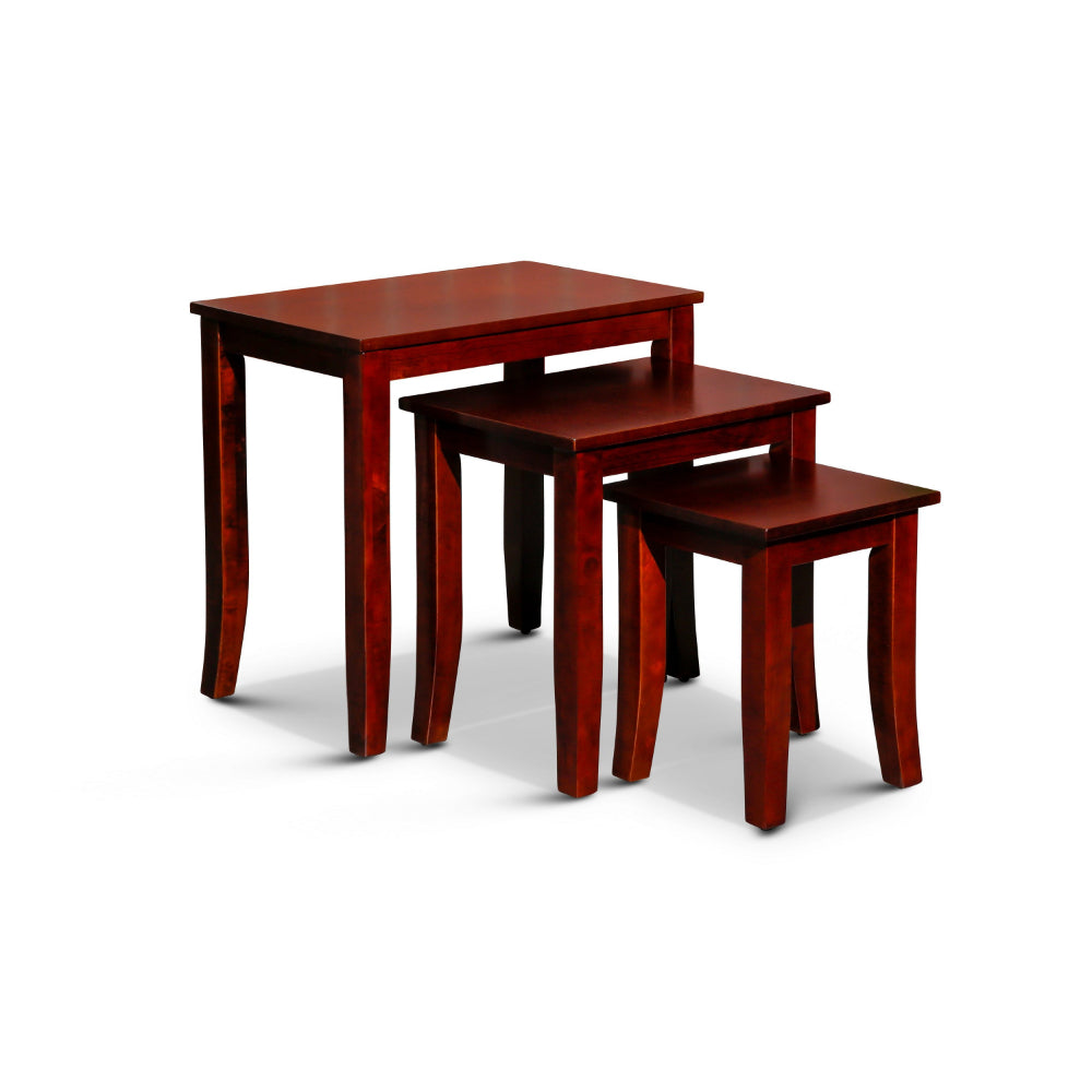 Benjara Yoni 3 Piece Nesting Side Table Set, Square, Flared Legs, Cherry Brown Wood