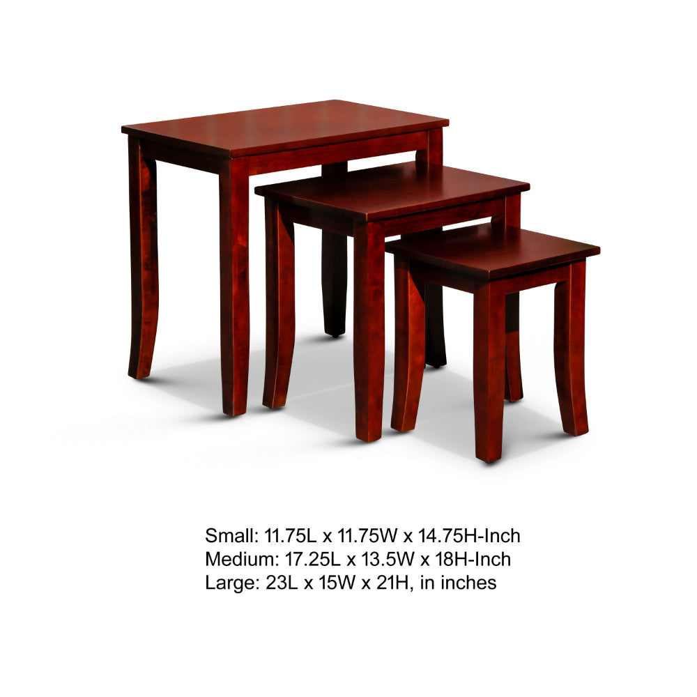 Benjara Yoni 3 Piece Nesting Side Table Set, Square, Flared Legs, Cherry Brown Wood