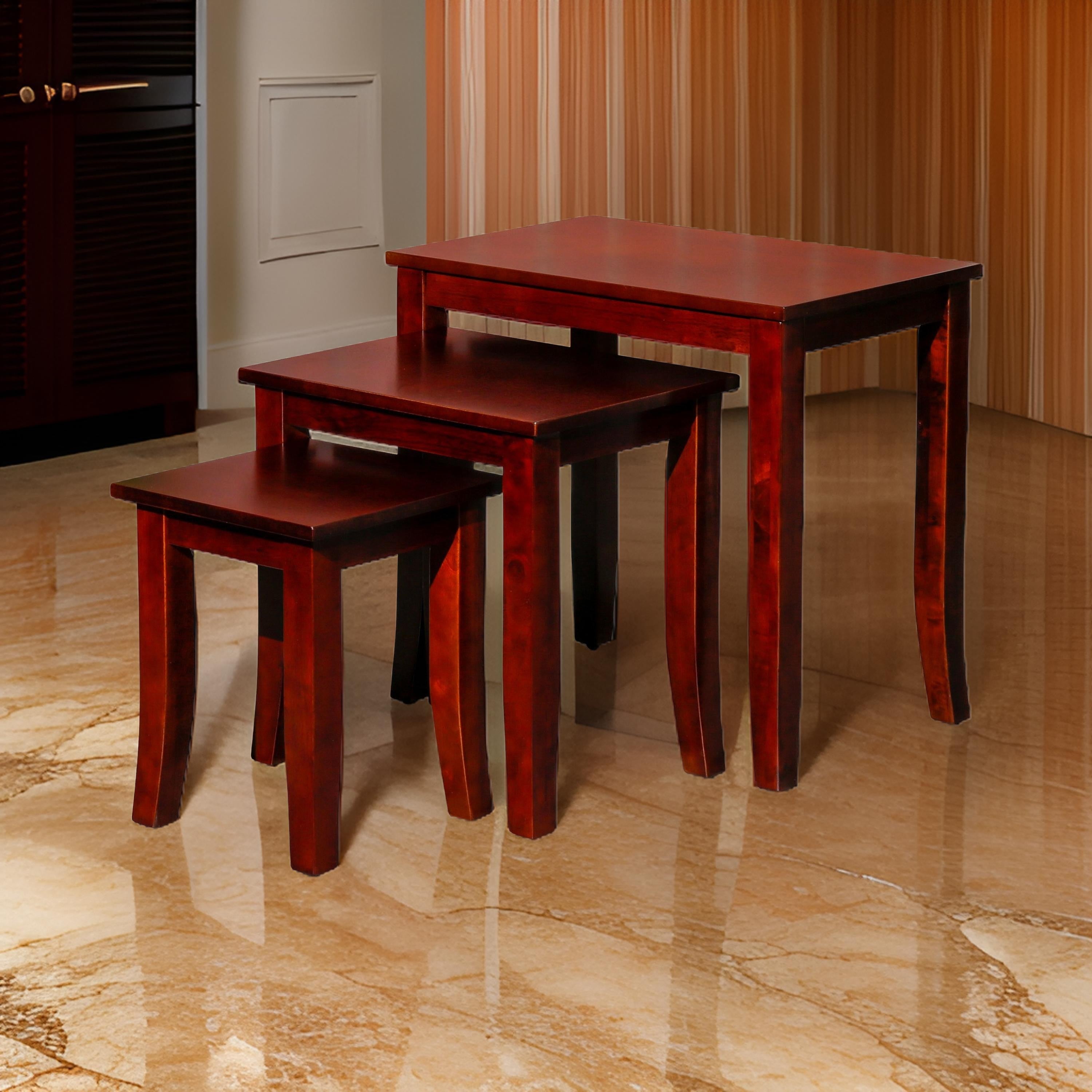 Benjara Yoni 3 Piece Nesting Side Table Set, Square, Flared Legs, Cherry Brown Wood