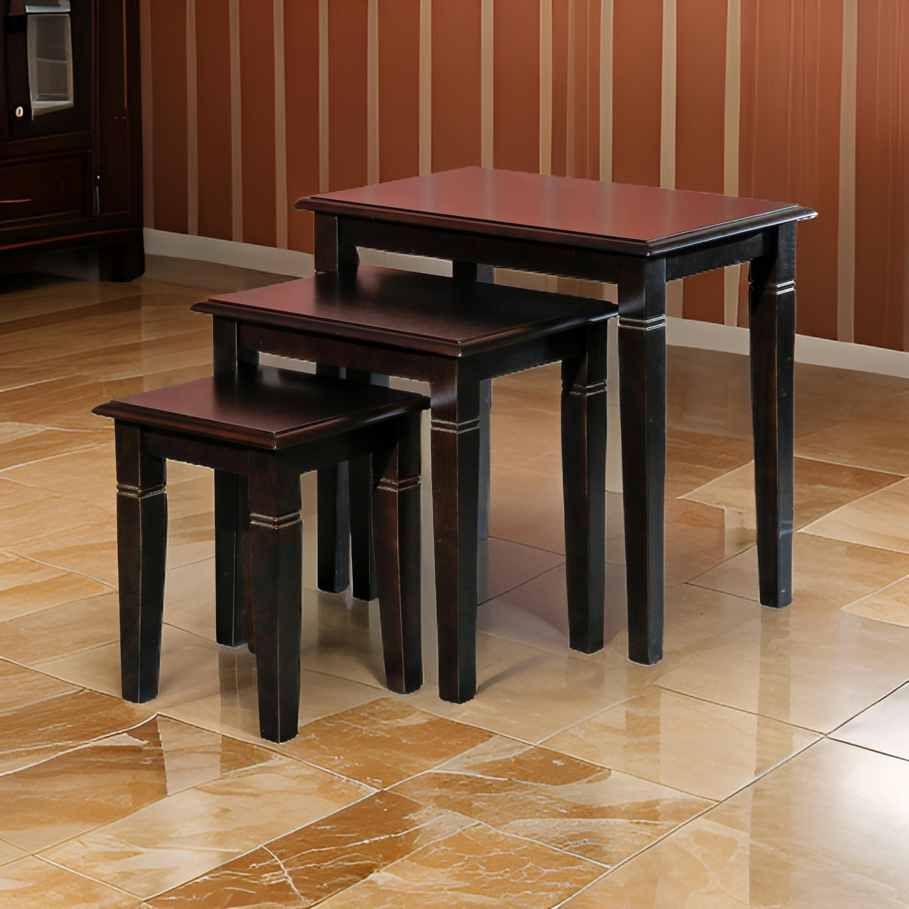 Benjara Yoni 3 Piece Nesting Side Table Set, Square, Flared Legs, Dark Brown Wood