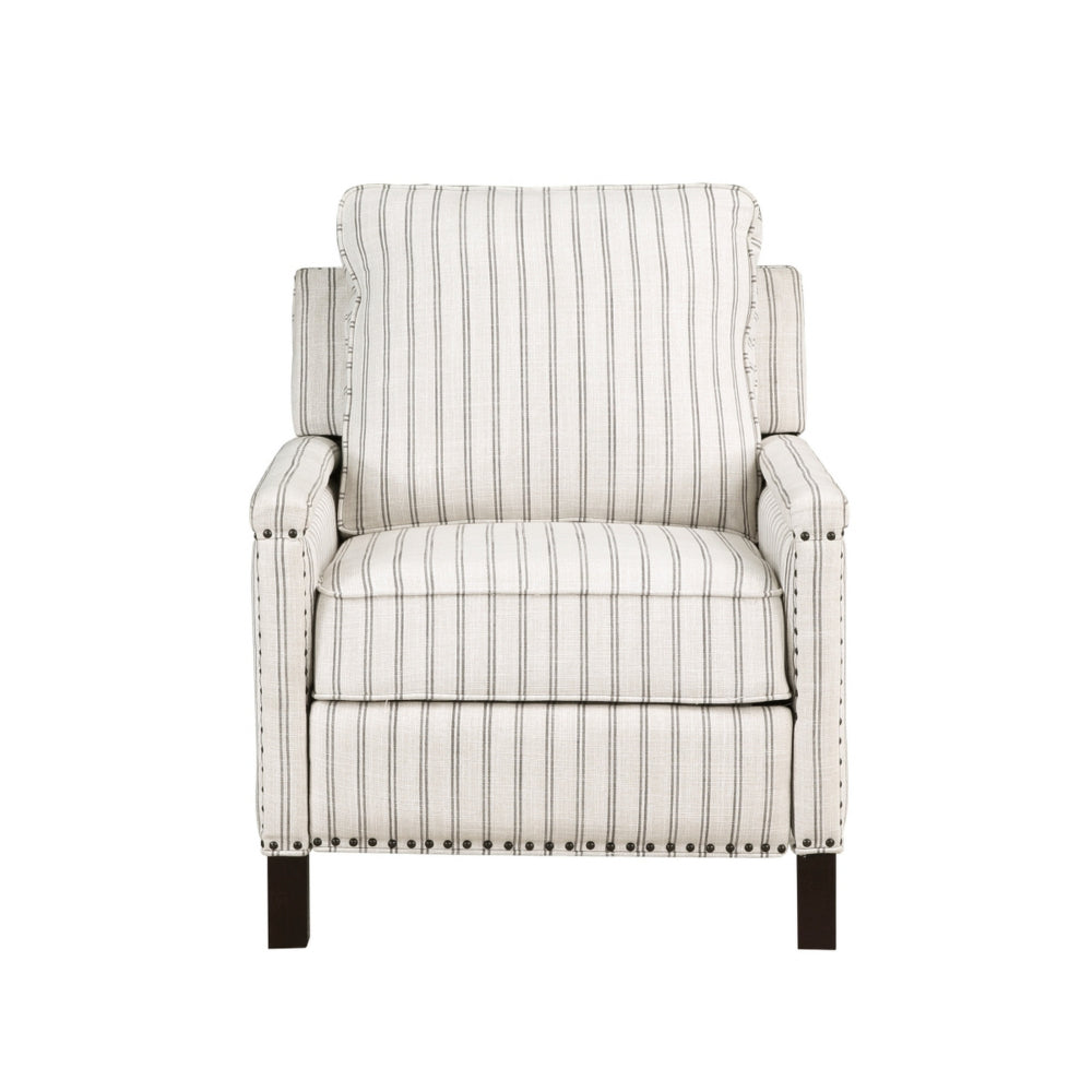 Benjara Claire 34 Inch Accent Chair, Push Recliner, Beige Gray Polyester Pinstripes