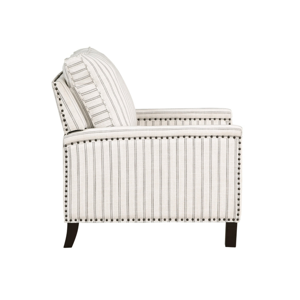Benjara Claire 34 Inch Accent Chair, Push Recliner, Beige Gray Polyester Pinstripes
