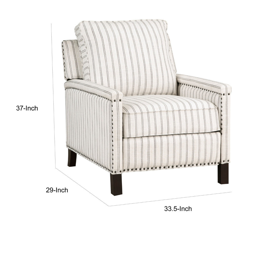 Benjara Claire 34 Inch Accent Chair, Push Recliner, Beige Gray Polyester Pinstripes