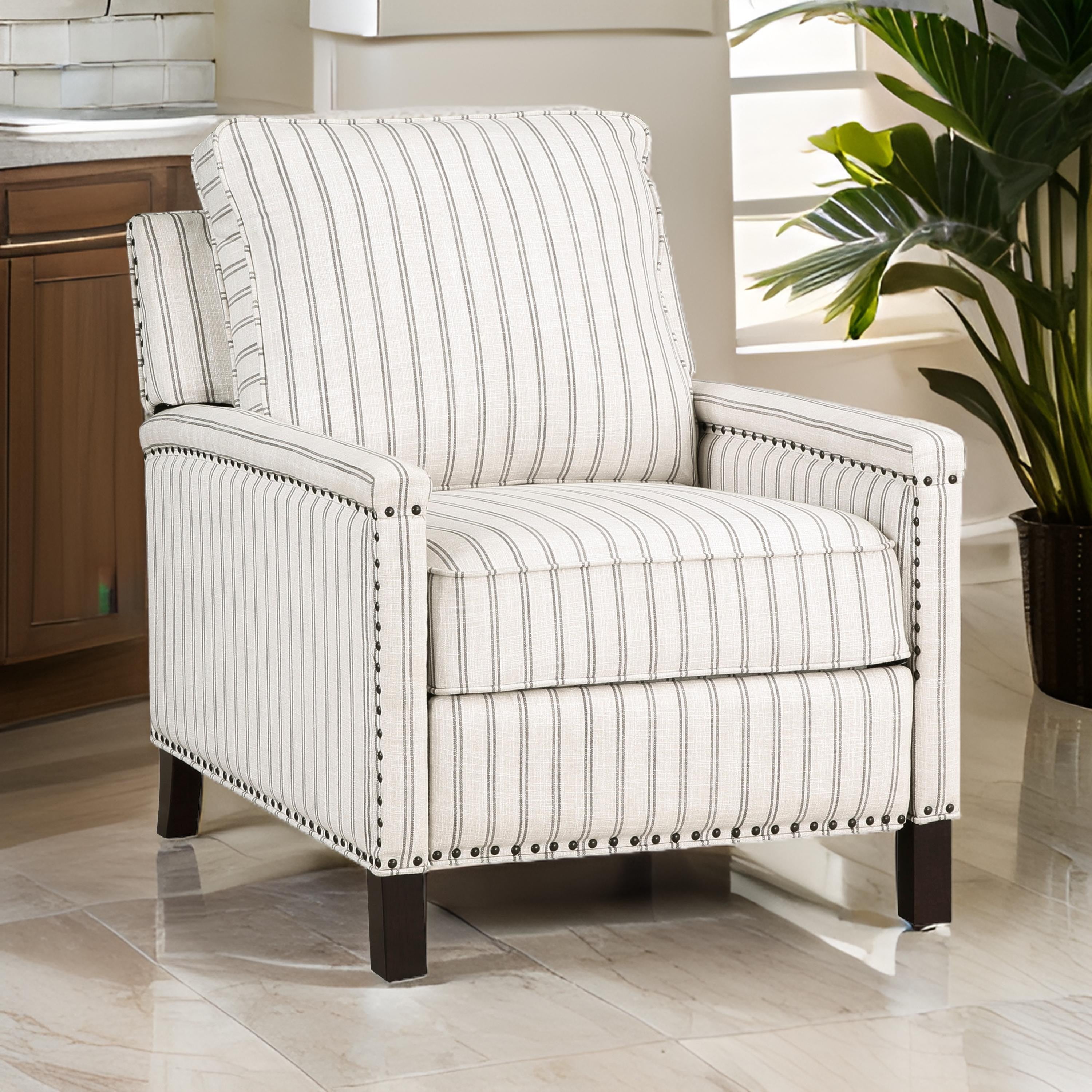 Benjara Claire 34 Inch Accent Chair, Push Recliner, Beige Gray Polyester Pinstripes