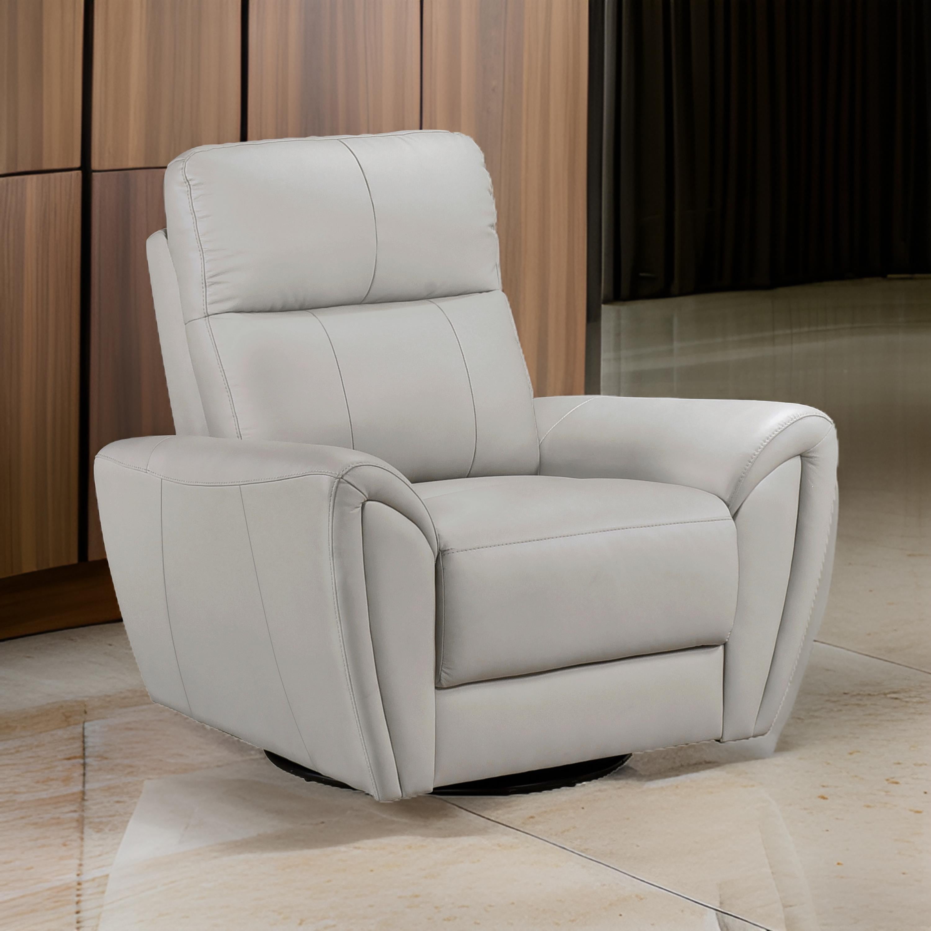 Benjara Jessica 39 Inch Swivel Glider Chair, Gray, Top Grain Leather, Solid Wood
