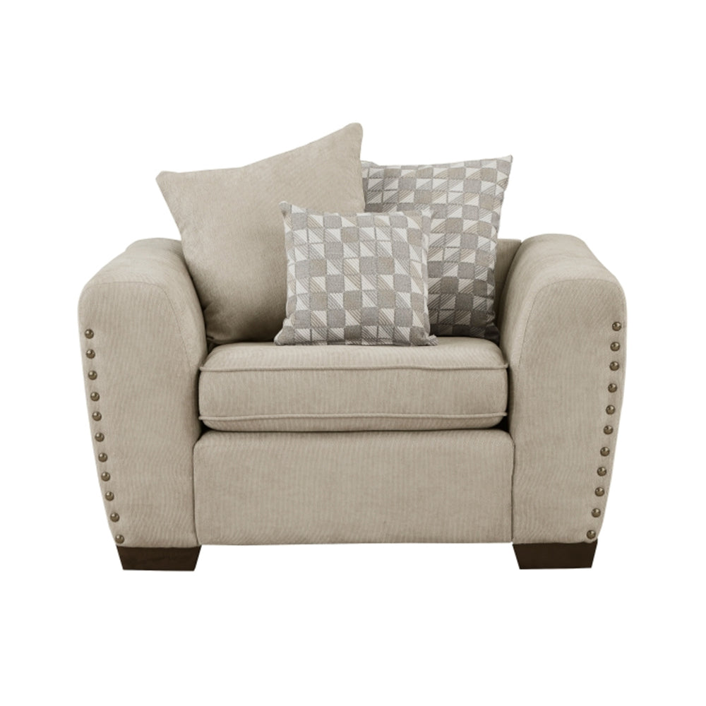 Benjara Gini 45 Inch Accent Chair, 3 Pillows, Nailhead Trim, Brown Chenille, Wood