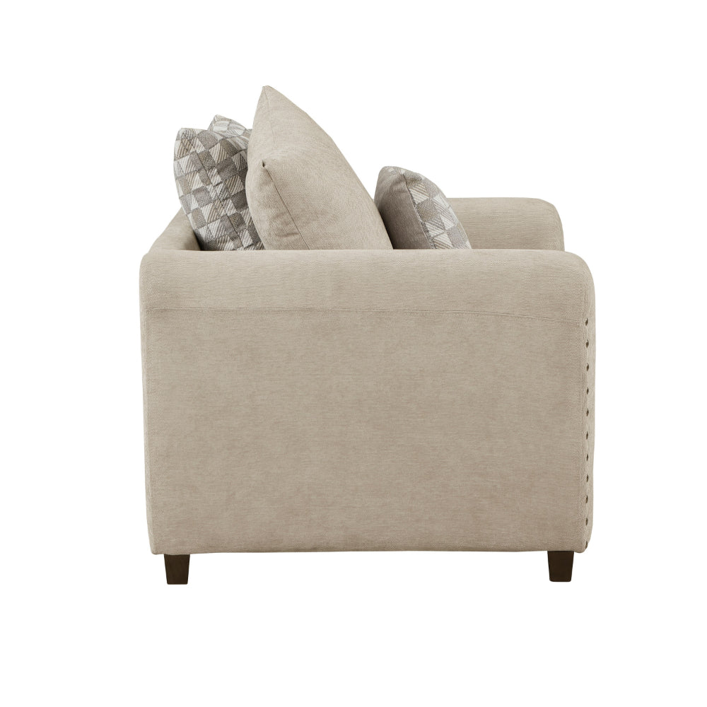 Benjara Gini 45 Inch Accent Chair, 3 Pillows, Nailhead Trim, Brown Chenille, Wood