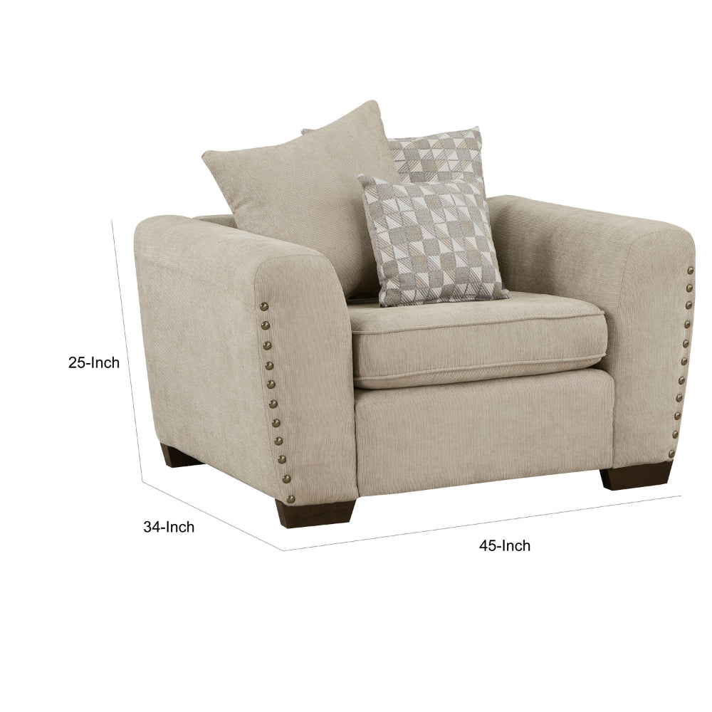 Benjara Gini 45 Inch Accent Chair, 3 Pillows, Nailhead Trim, Brown Chenille, Wood
