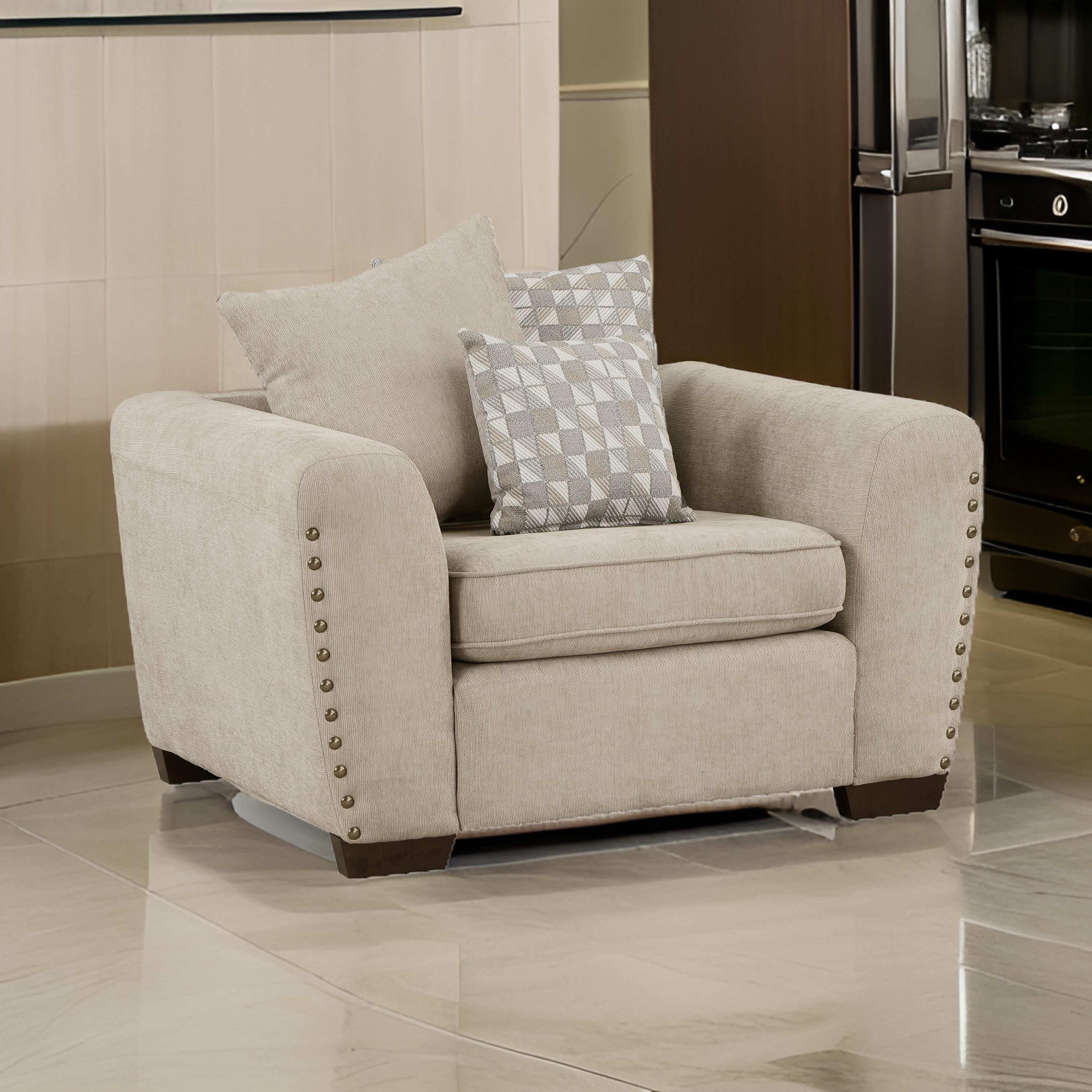 Benjara Gini 45 Inch Accent Chair, 3 Pillows, Nailhead Trim, Brown Chenille, Wood