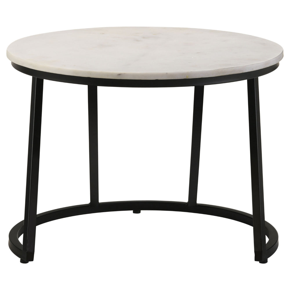 Benjara 24 Inch Accent Coffee Table, White Marble Top, C Base, Black Metal Finish