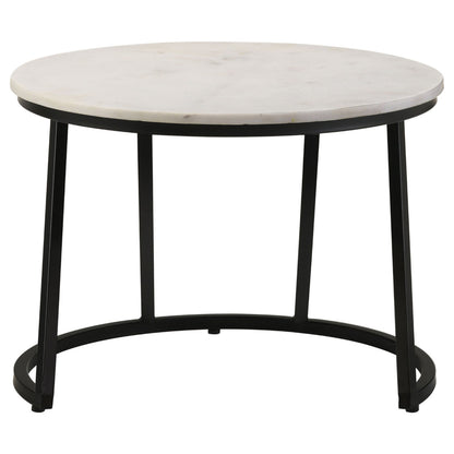 Benjara 24 Inch Accent Coffee Table, White Marble Top, C Base, Black Metal Finish