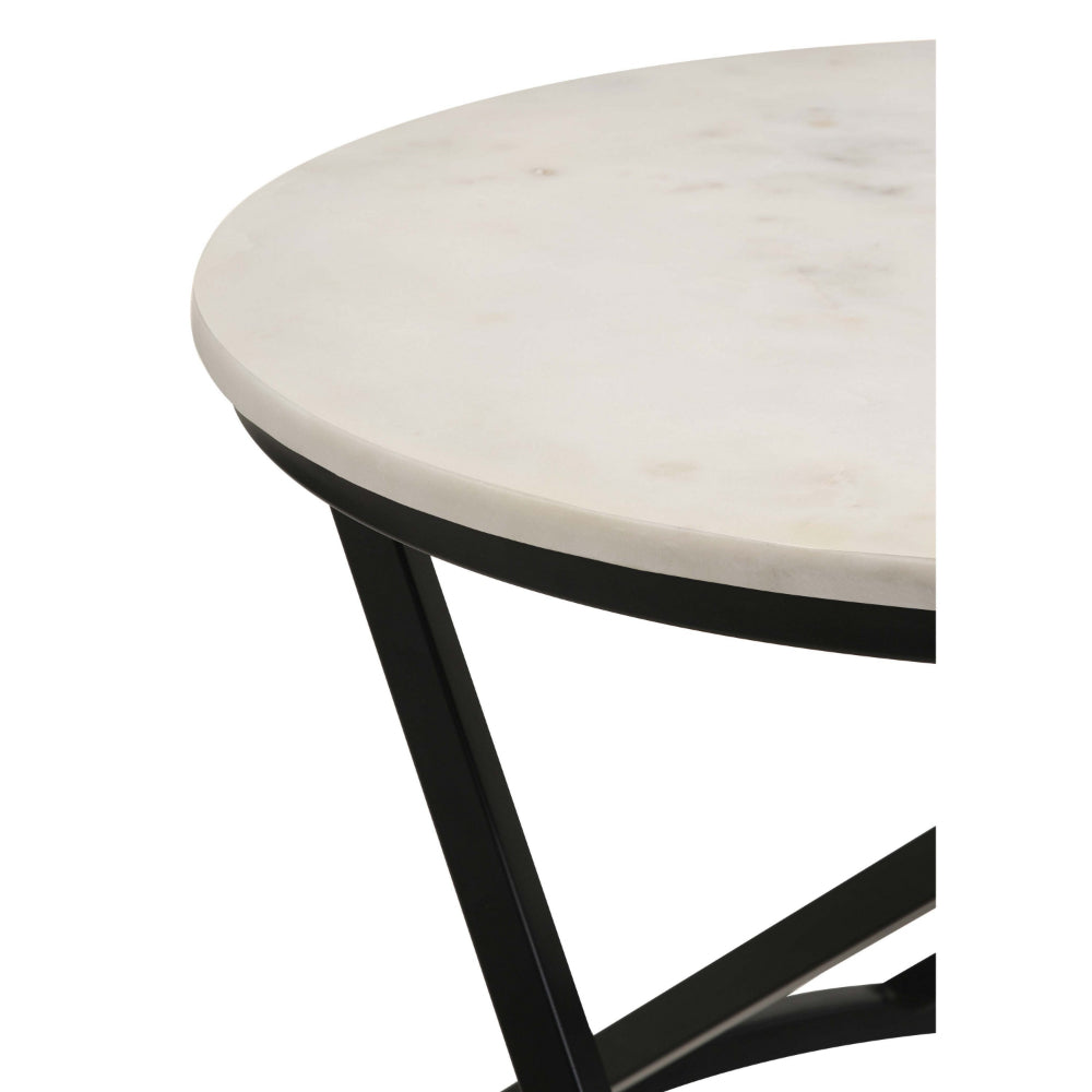 Benjara 24 Inch Accent Coffee Table, White Marble Top, C Base, Black Metal Finish