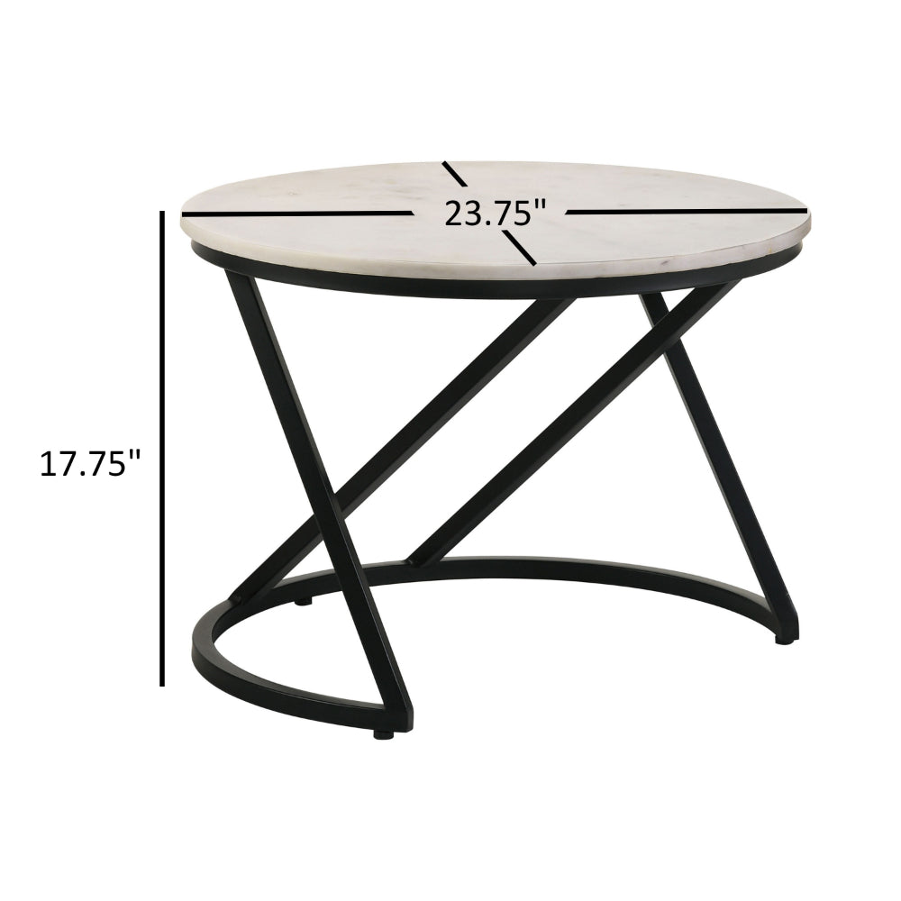 Benjara 24 Inch Accent Coffee Table, White Marble Top, C Base, Black Metal Finish