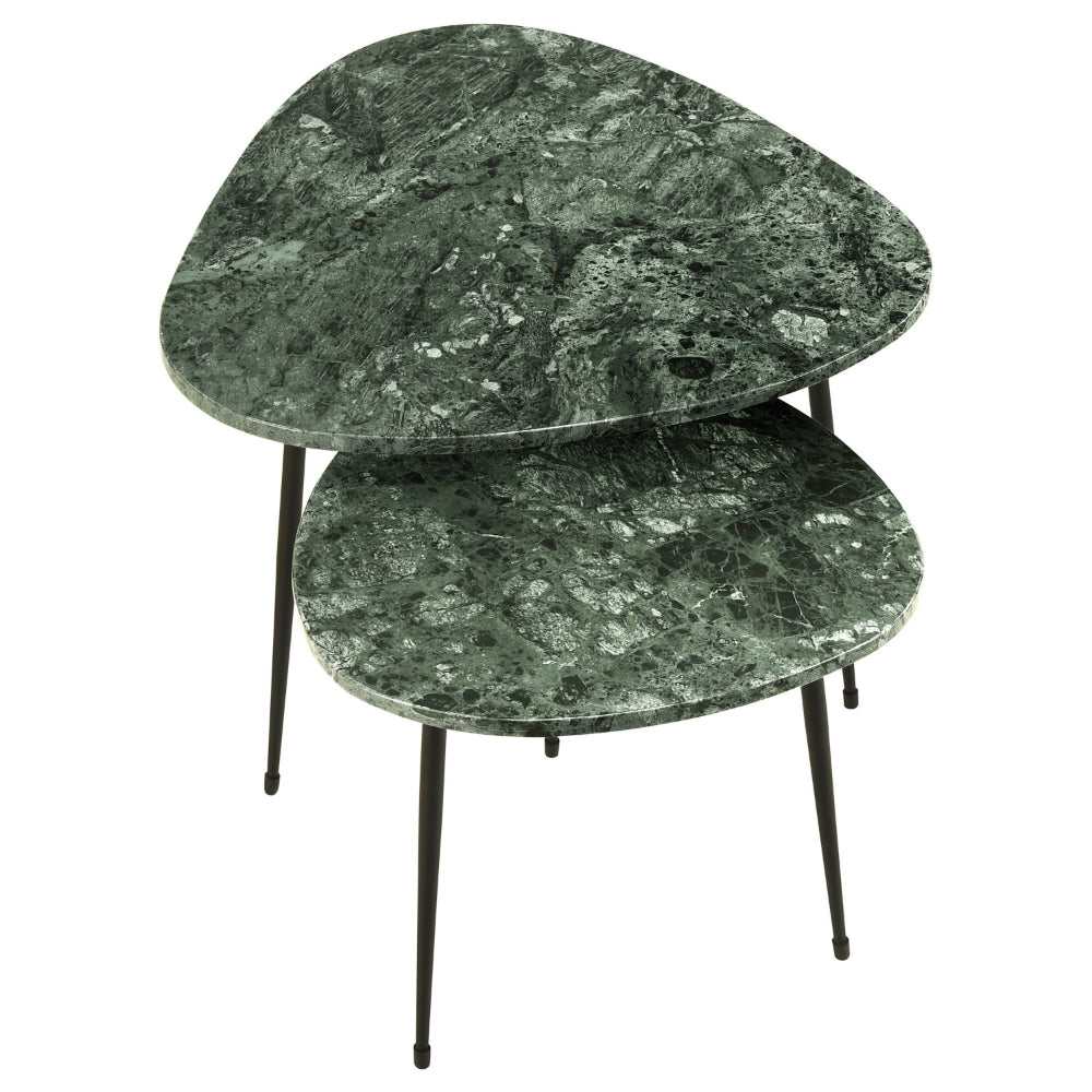 Benjara 2 Piece Nesting Accent Table Set, Triangular Marble Top, Green, Black